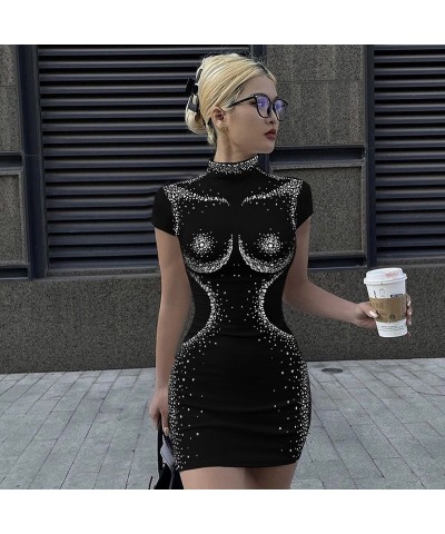 Vestido de cadera de manga corta con cuello redondo y corte ajustado con diamantes calientes a la moda $29.42 Vestido