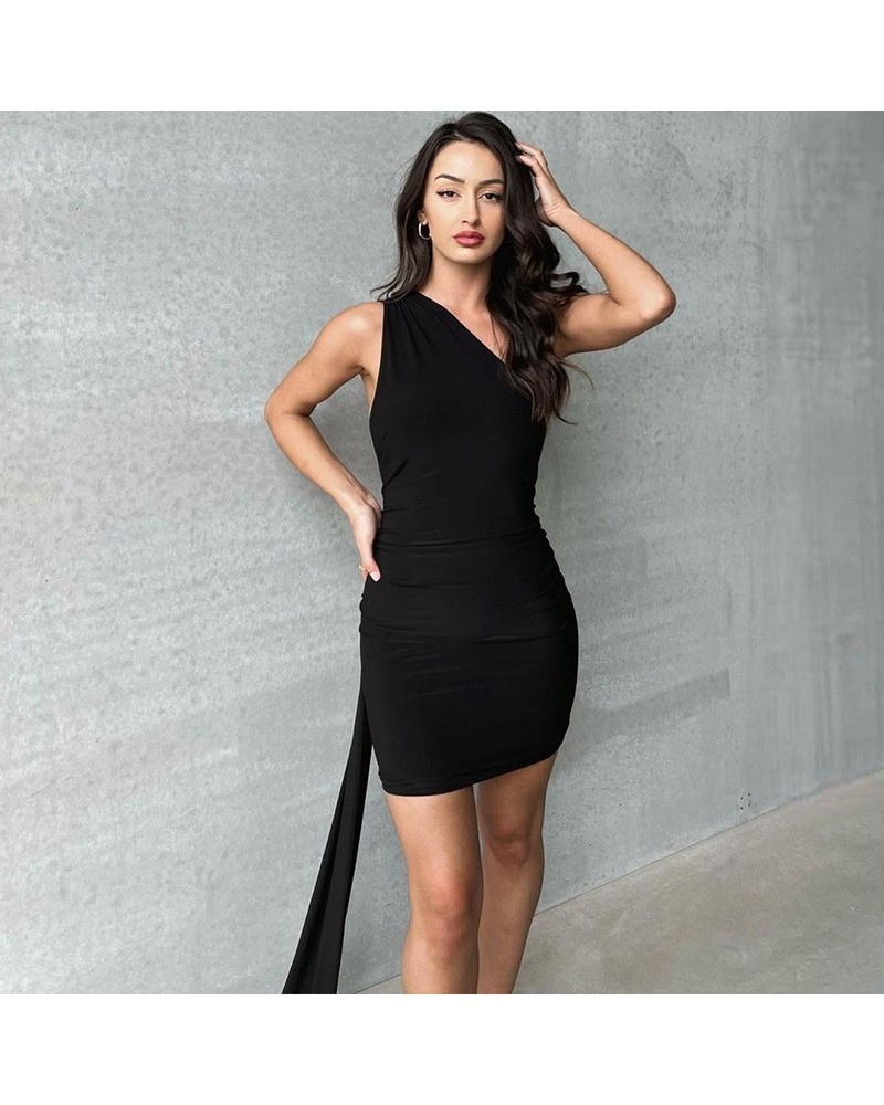 Vestido de color liso con un solo hombro, plisado, sin espalda, moderno y sexy $17.78 Vestido