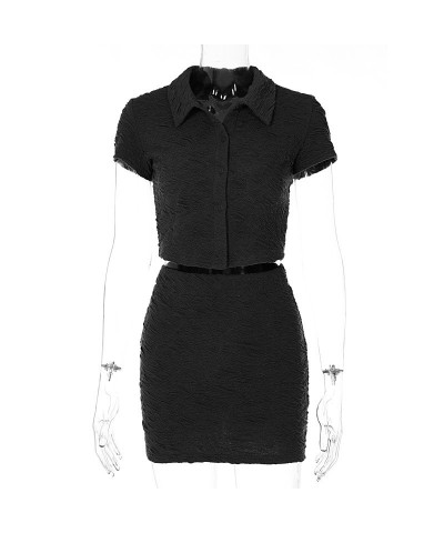 Traje de falda delgada superior de manga corta con botones de cárdigan de color sólido de moda $30.53 Traje casual de moda