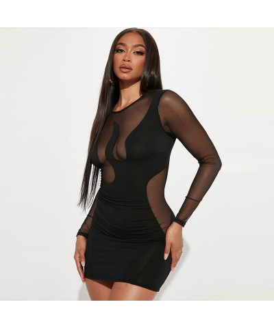 Vestido delgado de manga larga hueco con costuras de malla, moderno y sexy $24.94 Vestido