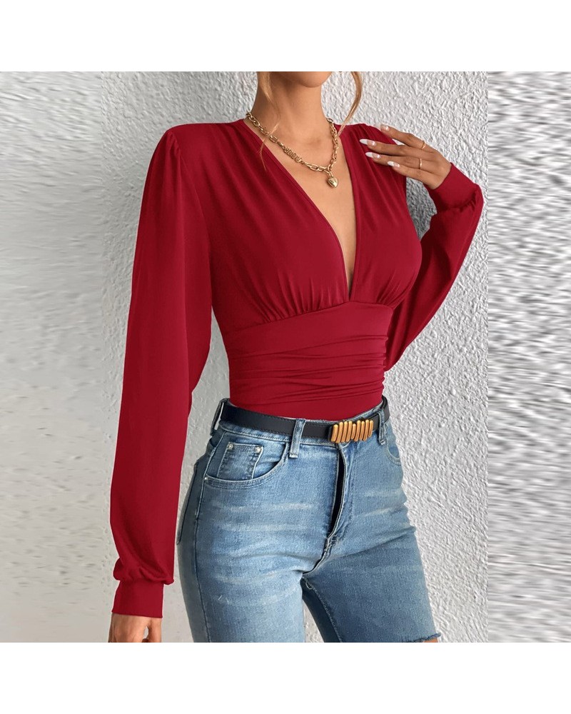 Mono de manga larga ajustado con cuello en V, moderno y sexy. $20.59 Pantalones / ropa de mujer