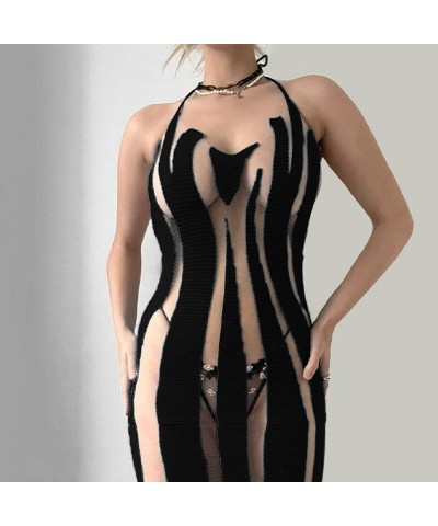 Vestido de tiras sin espalda transparente con empalme de malla sexy y a la moda $26.54 Vestido