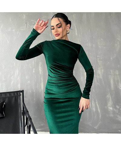 Vestido de manga larga con cuello redondo plisado y corte entallado de color sólido de moda $23.88 Vestido