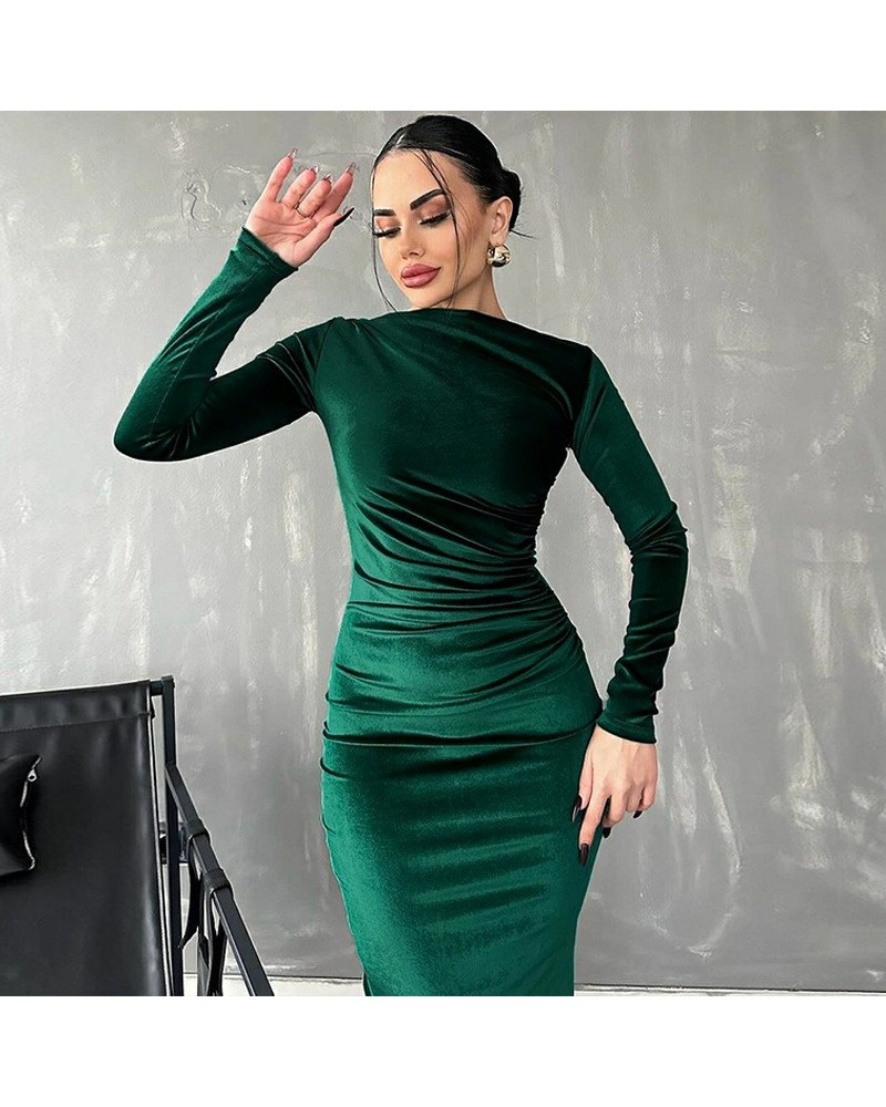 Vestido de manga larga con cuello redondo plisado y corte entallado de color sólido de moda $23.88 Vestido