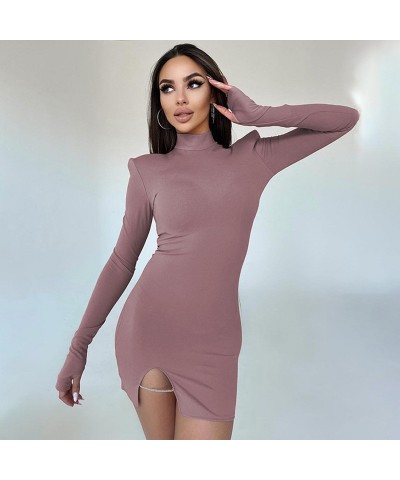 Vestido de manga larga con cuello redondo y abertura entallada de color sólido a la moda $21.60 Vestido