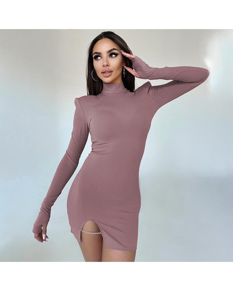 Vestido de manga larga con cuello redondo y abertura entallada de color sólido a la moda $21.60 Vestido