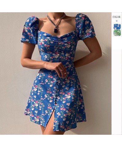 Falda corta con cuello en V floral y mangas abullonadas de moda con botones en el pecho $25.49 Vestido