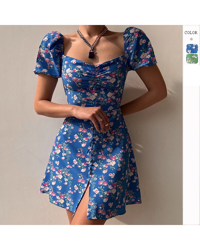 Falda corta con cuello en V floral y mangas abullonadas de moda con botones en el pecho $25.49 Vestido