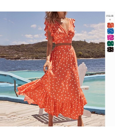 Vestido sexy con estampado bohemio, cuello en V, manga con volantes, cintura, traje de falda acampanado $32.76 Traje casual d...