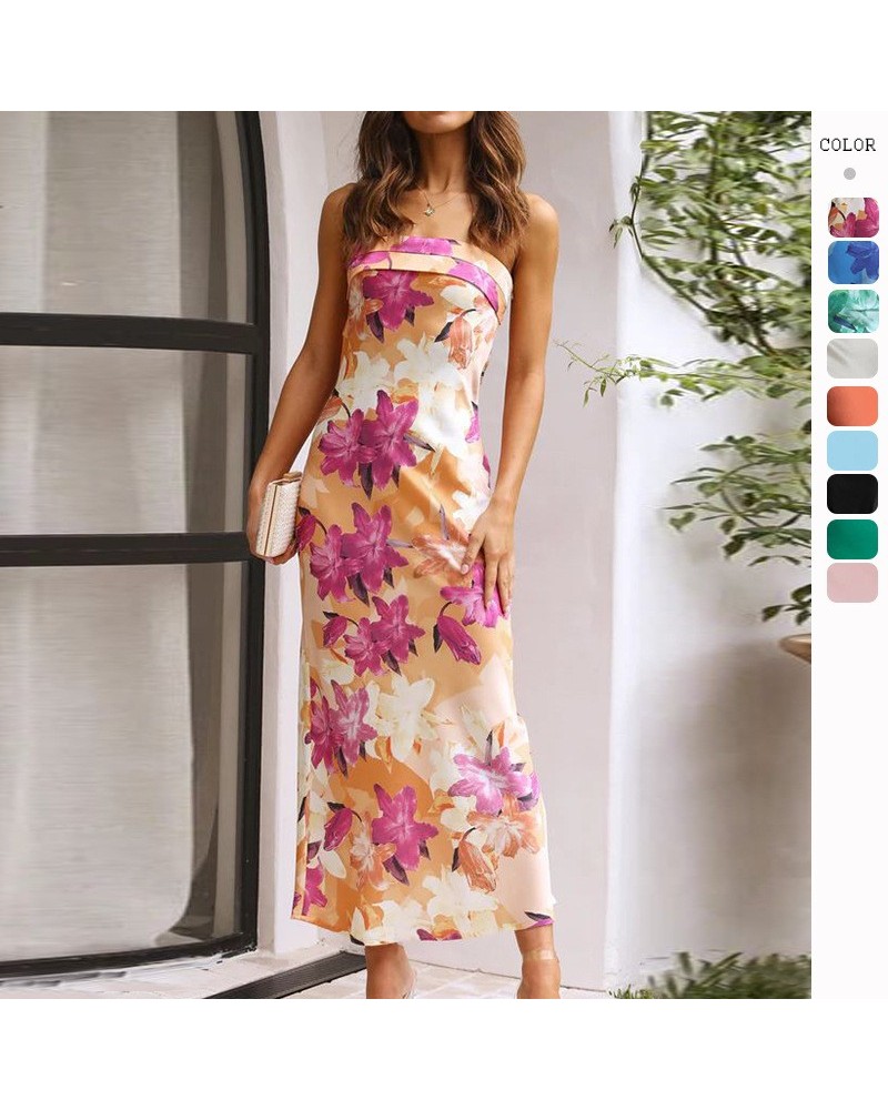 Elegante vestido con top de tubo sin espalda y satén de alta sociedad estampado $33.46 Vestido