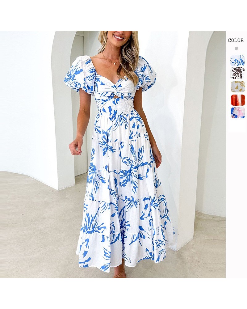 Vestido de gama alta con manga abullonada, estampado, ajustado y temperamento, con dobladillo ancho $31.20 Vestido