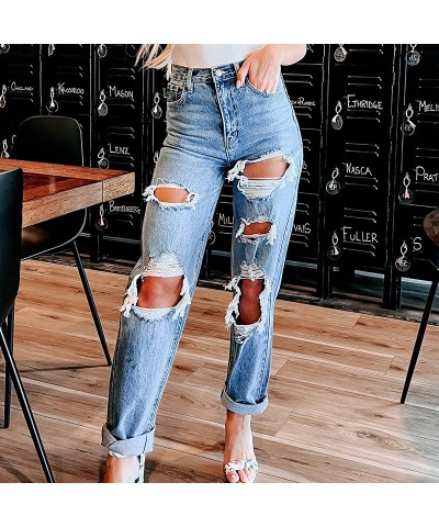 Vaqueros de pierna recta rasgados, ajustados, elásticos, de cintura alta y de moda $28.39 Jeans para mujeres