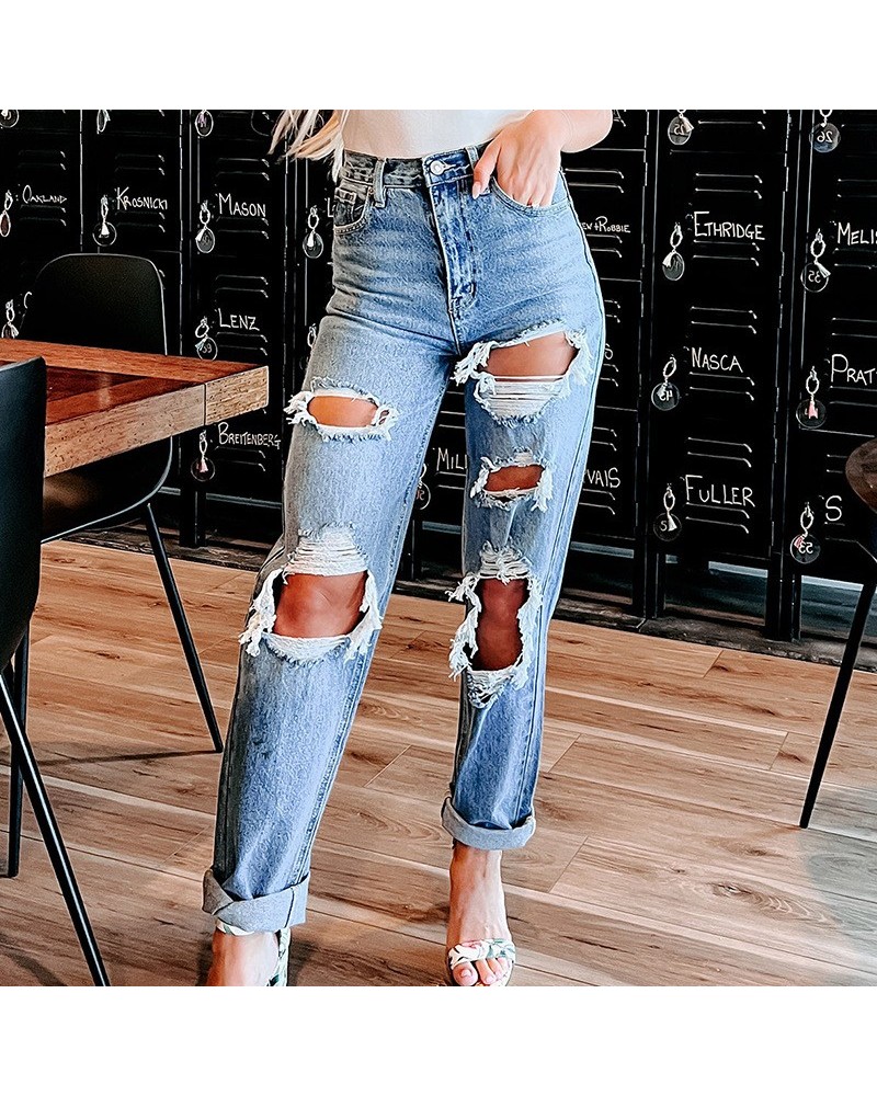 Vaqueros de pierna recta rasgados, ajustados, elásticos, de cintura alta y de moda $28.39 Jeans para mujeres