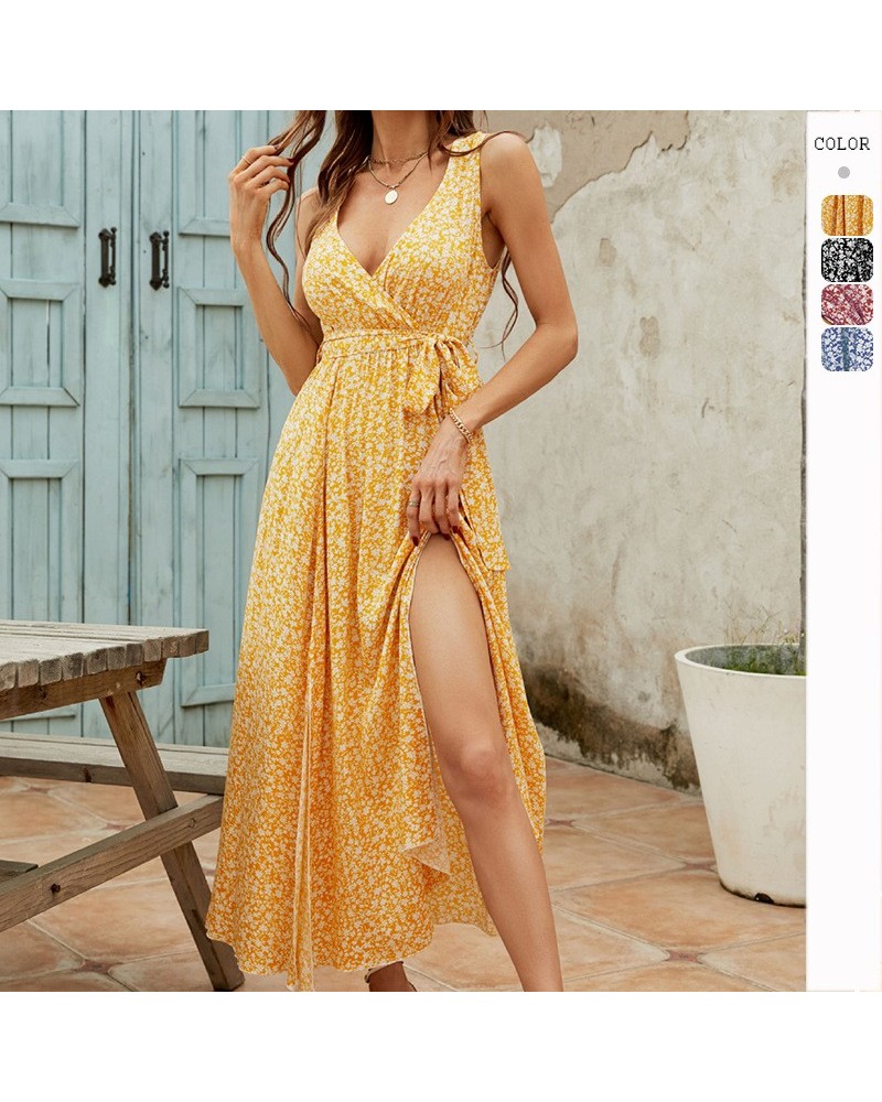 Vestido de primavera y verano Falda larga estampada floral con cuello en V $24.80 Vestido