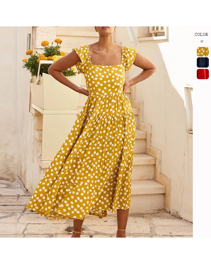 Vestido estilo vacaciones de lunares con mangas con volantes estampados $37.18 Vestido