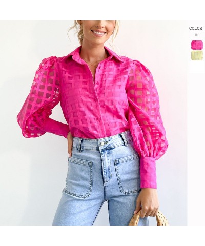 Camisa de manga voladora pequeña de alta gama a cuadros transparente de color sólido de moda americana $36.34 Camisa de mujer