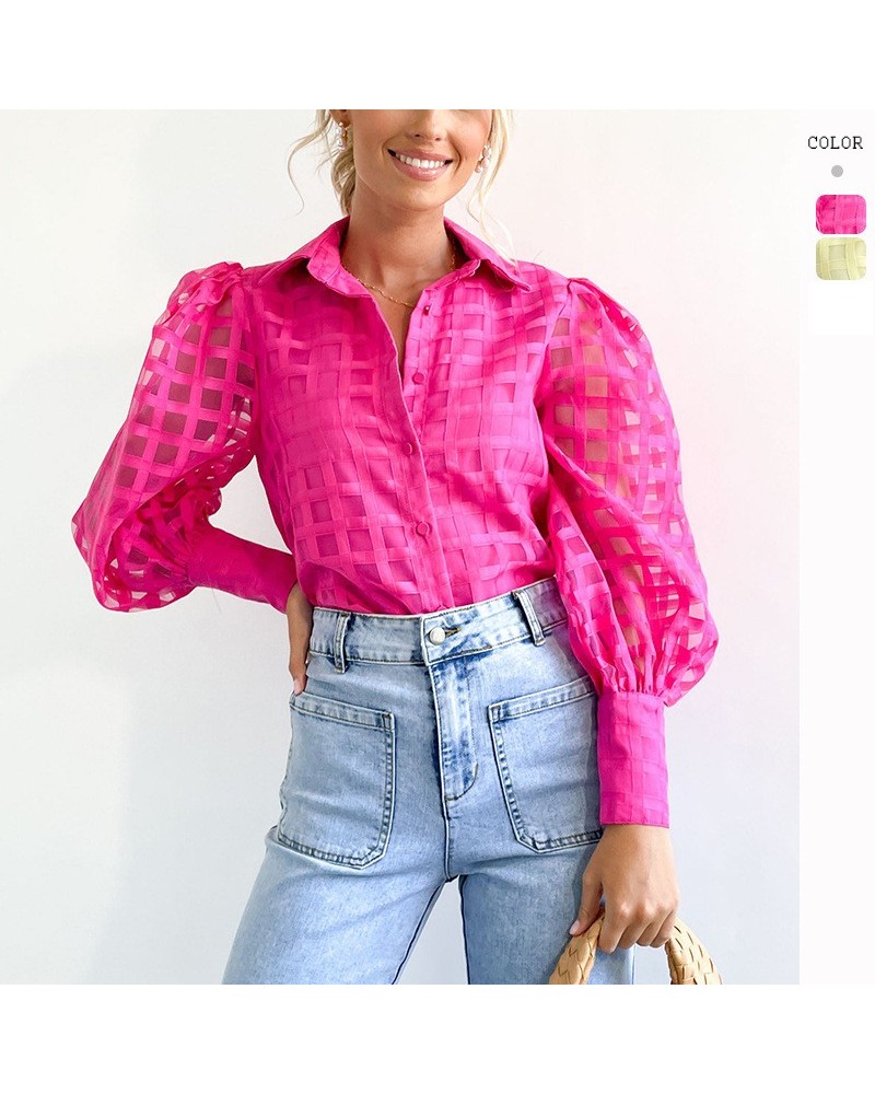 Camisa de manga voladora pequeña de alta gama a cuadros transparente de color sólido de moda americana $36.34 Camisa de mujer