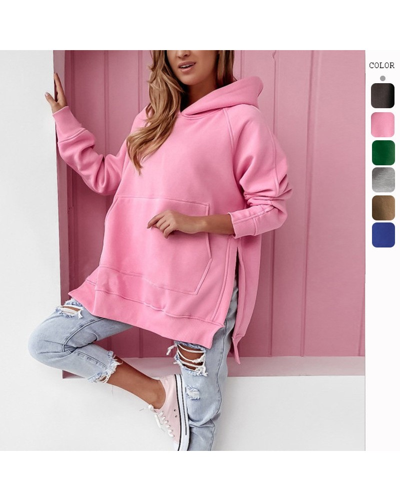 Sudadera casual con capucha y abertura lateral de manga larga de color liso $24.80 Suéteres y suéteres para mujeres