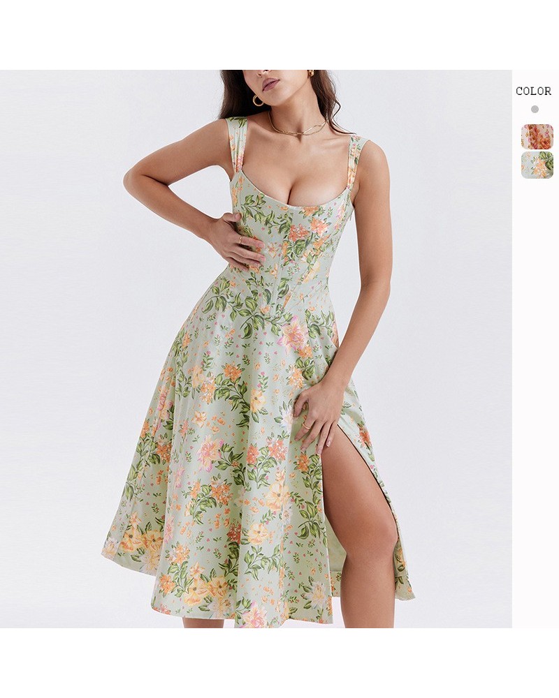 Vestido floral con abertura sexy y tirantes adelgazantes de temperamento $38.22 Vestido