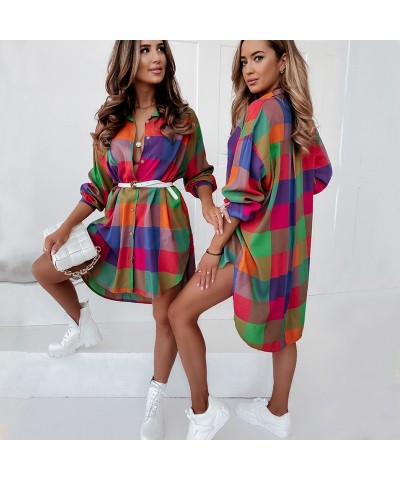 Vestido camisero de mujer de manga larga suelto estampado a cuadros de longitud media de invierno $21.88 Vestido