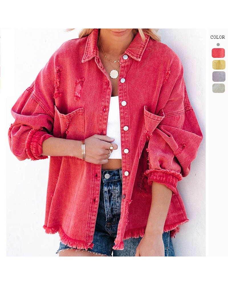 Chaqueta vaquera rasgada con bordes sin rematar y manga larga estilo denim Mujer americana $45.75 Chaqueta vaquero de mujer