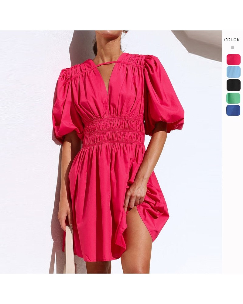 Vestido corto de talle alto con escote en V pronunciado estilo francés $30.19 Vestido