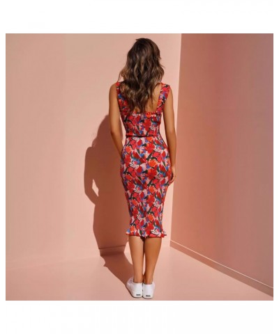 Vestido midi ajustado con estampado floral y dobladillo con volantes $27.17 Vestido