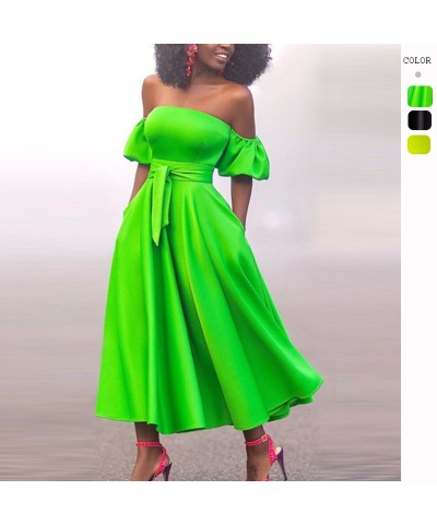 Vestido elegante de manga abullonada de color liso con un hombro $23.40 Vestido