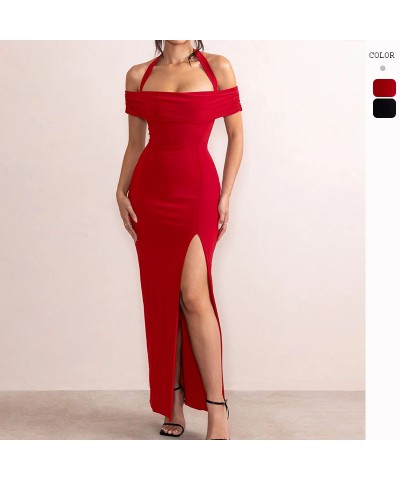 Vestido de primavera y verano, sexy con abertura alta, cuello de una línea, vestido largo estilo cuello halter $37.67 Vestido