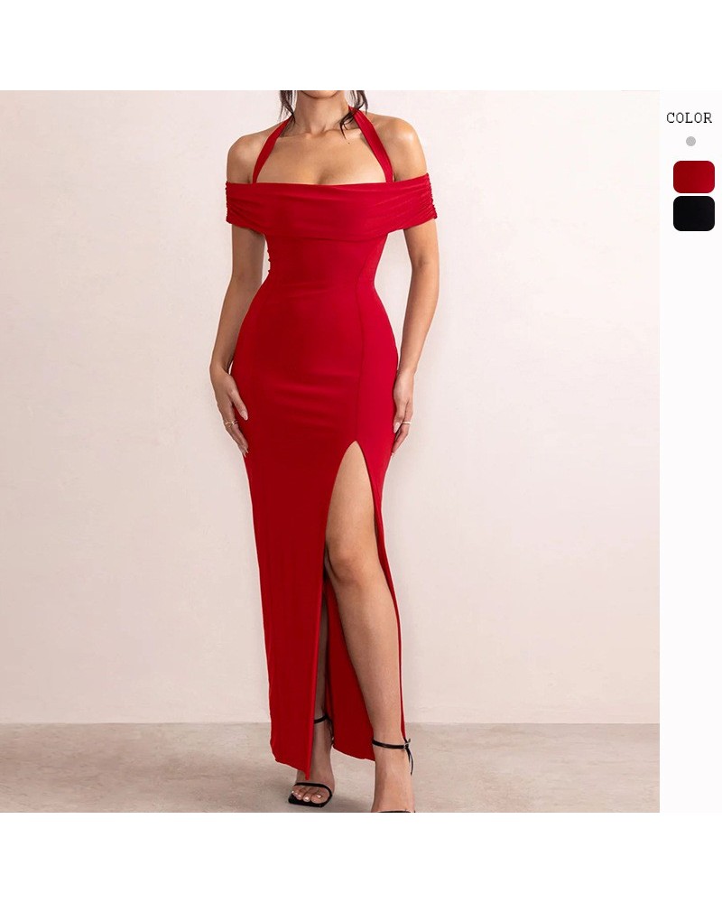 Vestido de primavera y verano, sexy con abertura alta, cuello de una línea, vestido largo estilo cuello halter $37.67 Vestido