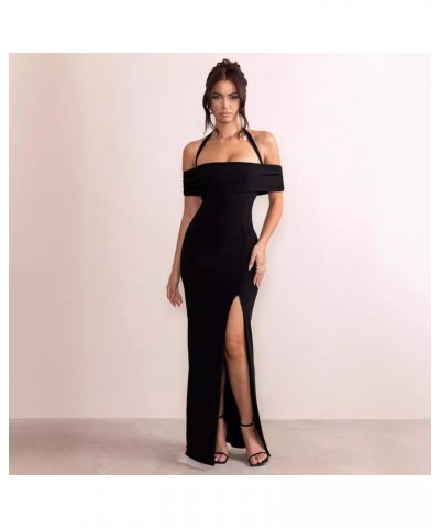 Vestido de primavera y verano, sexy con abertura alta, cuello de una línea, vestido largo estilo cuello halter $37.67 Vestido