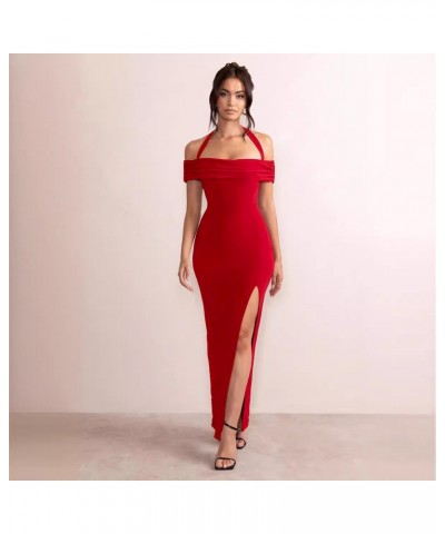 Vestido de primavera y verano, sexy con abertura alta, cuello de una línea, vestido largo estilo cuello halter $37.67 Vestido