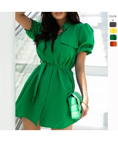 Vestido camisero sencillo de manga corta con solapa y cinturón $29.64 Vestido