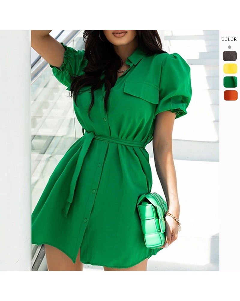 Vestido camisero sencillo de manga corta con solapa y cinturón $29.64 Vestido