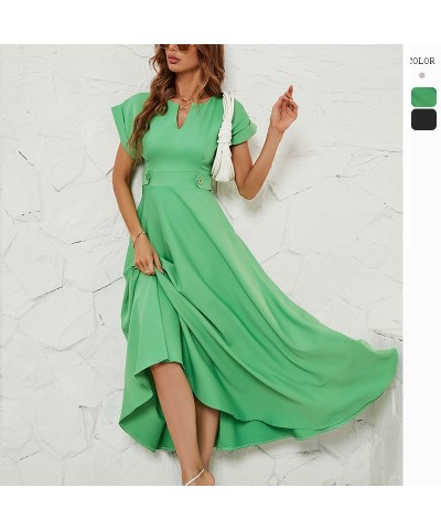 Vestido de cintura de manga corta con cuello en V pequeño de moda $41.91 Vestido