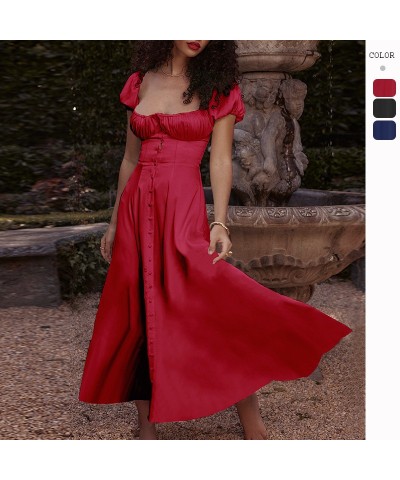 Vestido francés de alta gama de color liso con mangas abullonadas $38.49 Vestido