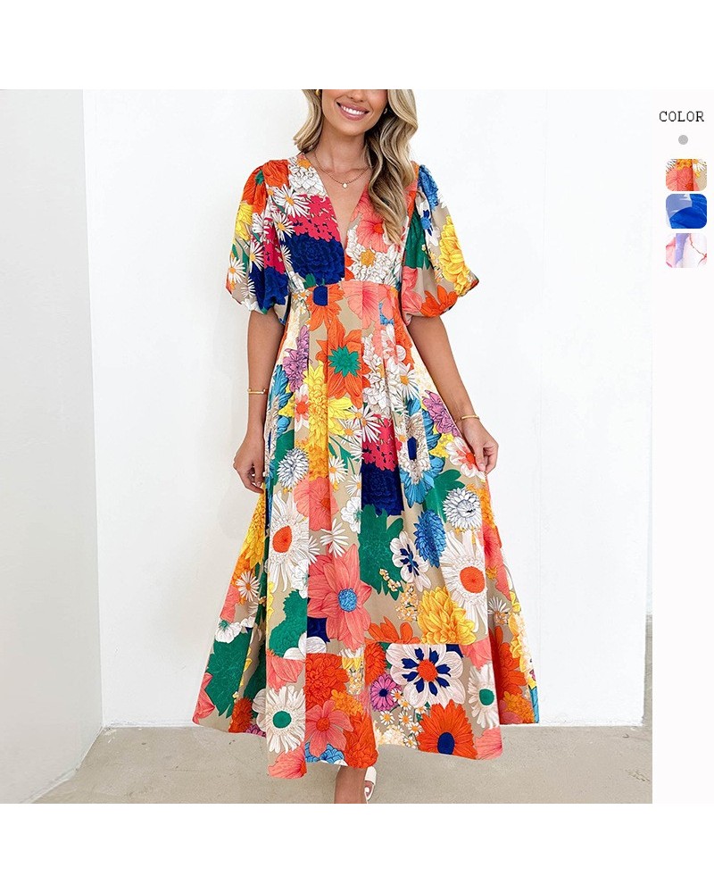 Vestido elegante con falda larga y corte en A con manga abullonada y estampado floral $32.45 Vestido