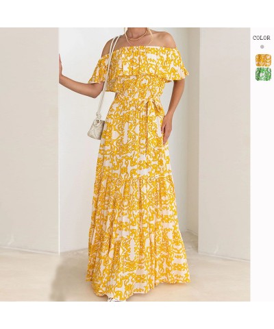 Vestido largo con volantes, escote de una línea estampado de primavera y verano con dobladillo grande $36.89 Vestido