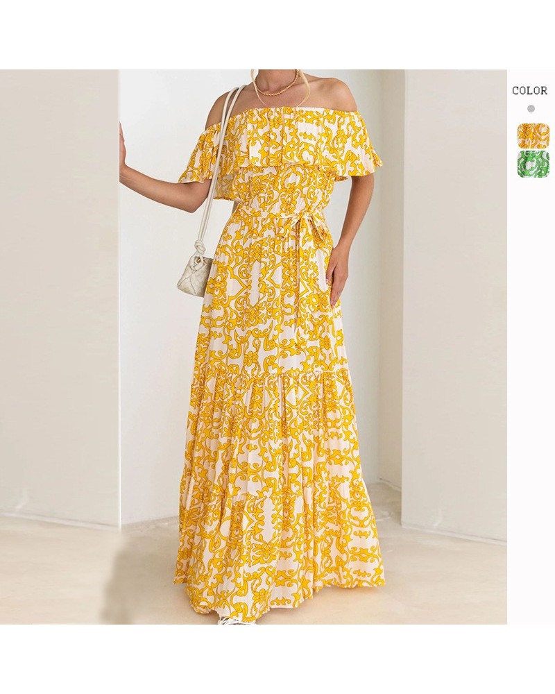 Vestido largo con volantes, escote de una línea estampado de primavera y verano con dobladillo grande $36.89 Vestido