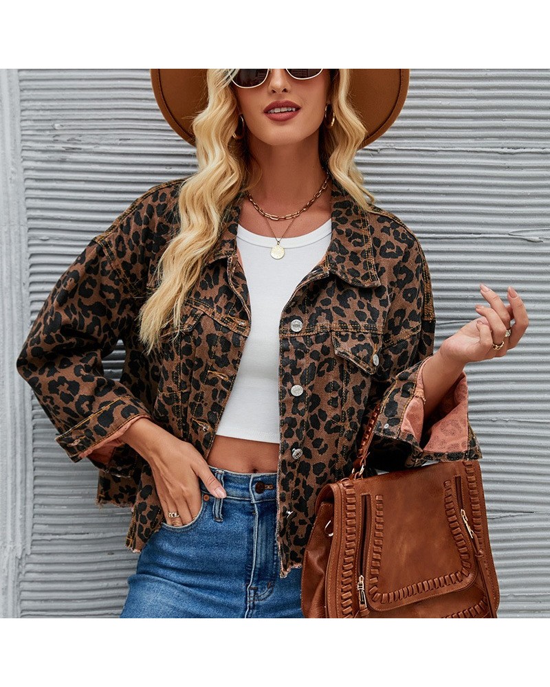 Chaqueta corta de mezclilla casual de moda con estampado de leopardo de otoño e invierno $47.03 Chaqueta vaquero de mujer