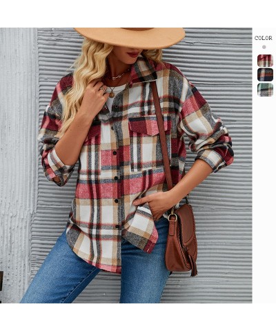 Chaqueta de lana holgada a cuadros con solapa y manga larga para otoño e invierno $32.45 Abrigo de lana para mujeres