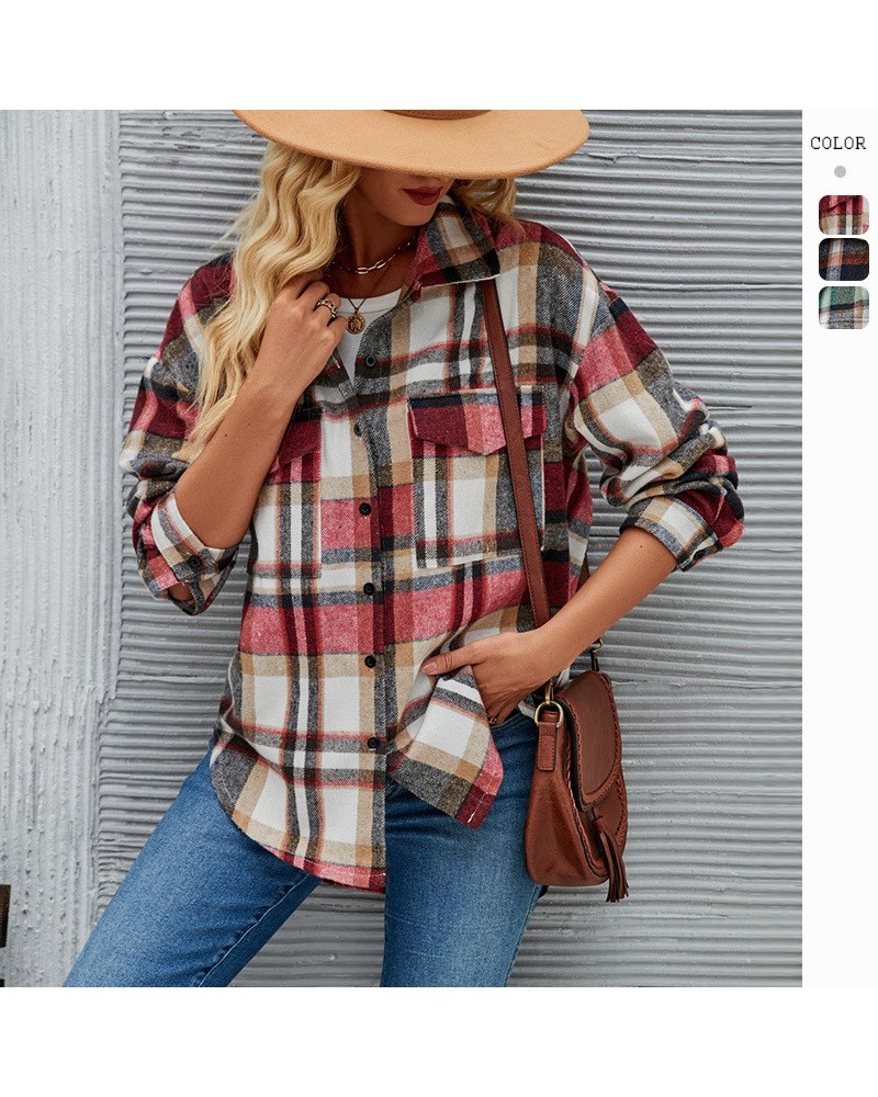 Chaqueta de lana holgada a cuadros con solapa y manga larga para otoño e invierno $32.45 Abrigo de lana para mujeres