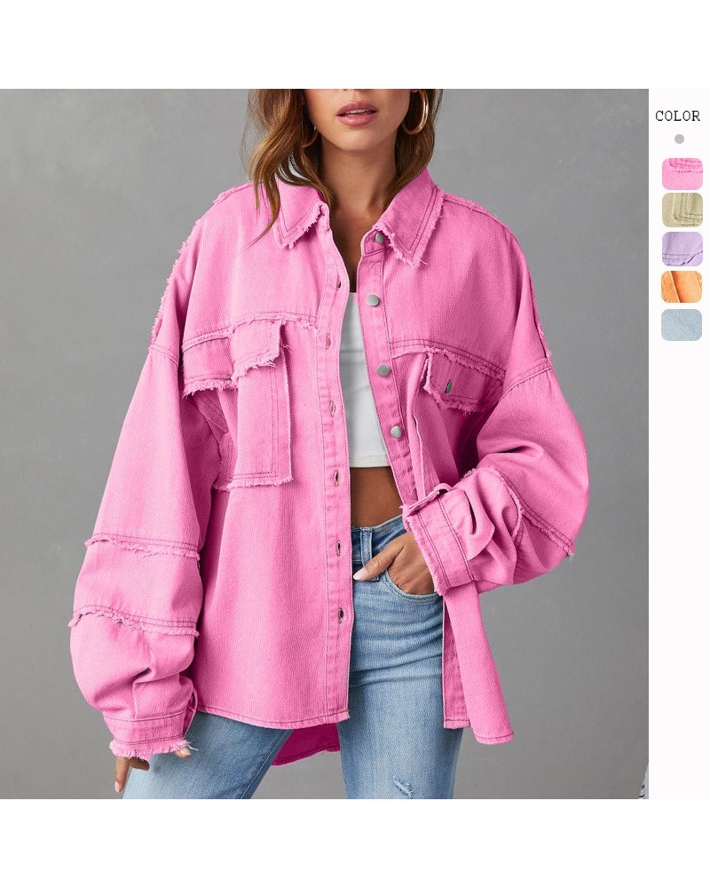 Top de chaqueta vaquera lavada con flecos y solapa de manga larga $47.42 Chaqueta vaquero de mujer