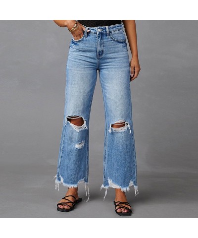 Pantalones vaqueros de talle alto con rotos lavados vaqueros de pernera ancha $38.57 Jeans para mujeres