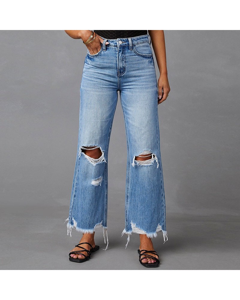 Pantalones vaqueros de talle alto con rotos lavados vaqueros de pernera ancha $38.57 Jeans para mujeres