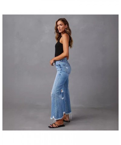 Pantalones vaqueros de talle alto con rotos lavados vaqueros de pernera ancha $38.57 Jeans para mujeres