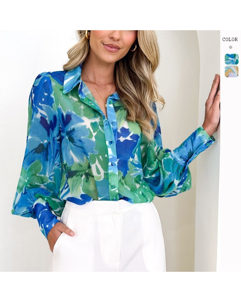 Camisa de manga larga estampada con solapa holgada de invierno $27.17 Camisa de mujer