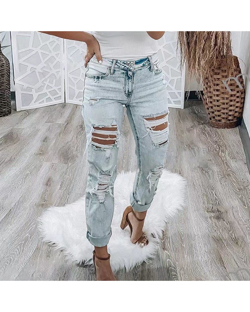 Pantalones vaqueros rasgados ajustados a la moda para mujer de cintura alta $30.38 Jeans para mujeres