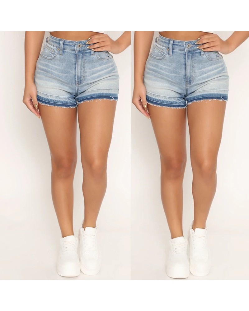 Pantalones rectos Temperamento, shorts de cintura alta de colores claros, jeans de denim lavado azul liso de algodón $20.96 J...