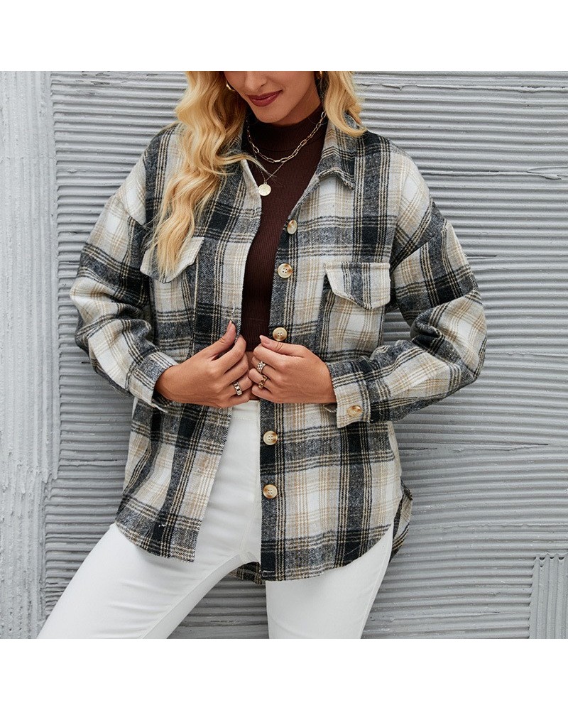 Chaqueta de lana a cuadros holgada de manga larga de otoño e invierno $26.39 Abrigo de lana para mujeres